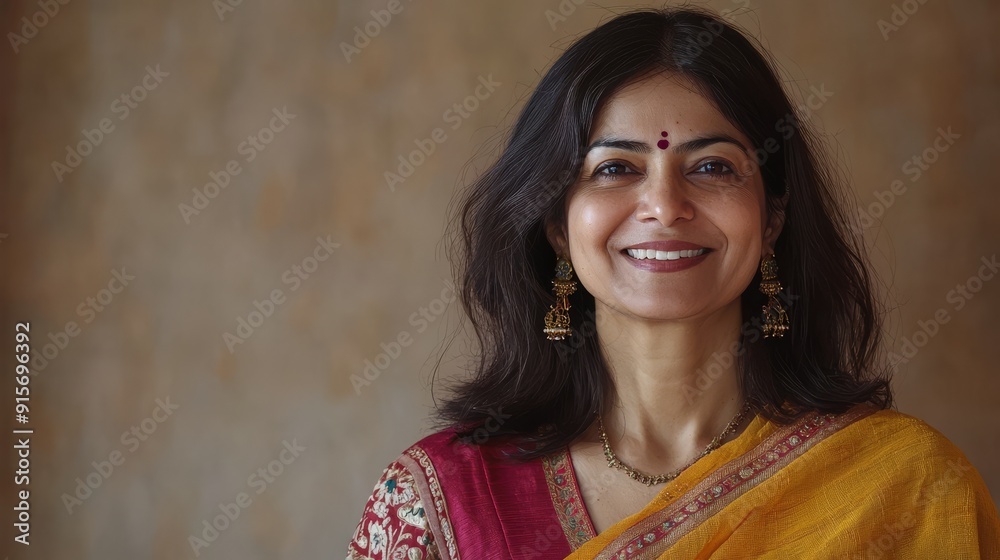 A stunning mid-aged woman showcases her beauty in traditional attire