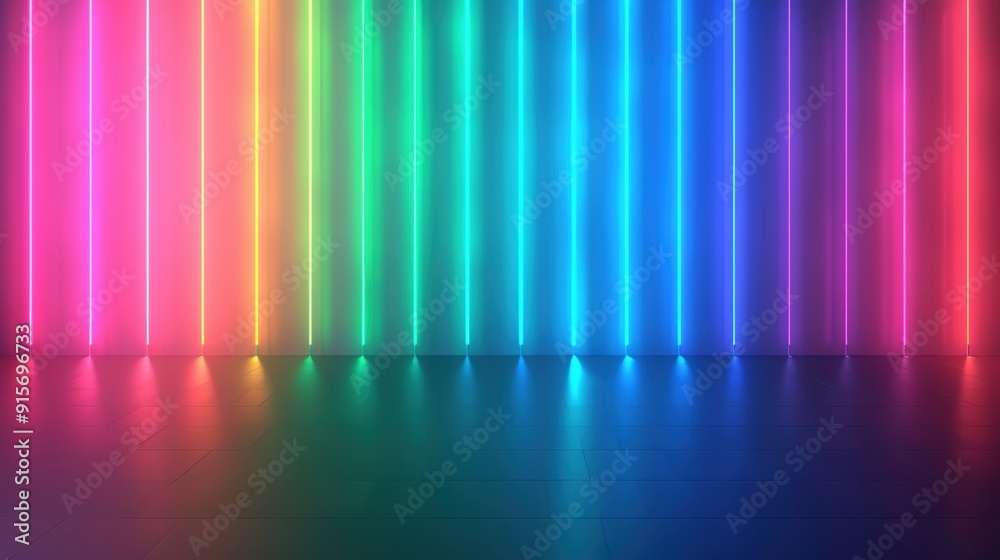 A vibrant neon background with colorful vertical lights and glossy floor, perfect for artistic or technological themes. A vibrant neon background with colorful vertical lights and glossy floor, perfect for artistic or technological themes.