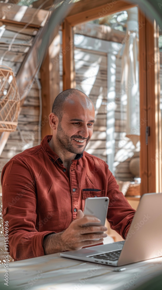 Fototapeta premium A man in a red shirt is smiling while using his cell phone and laptop
