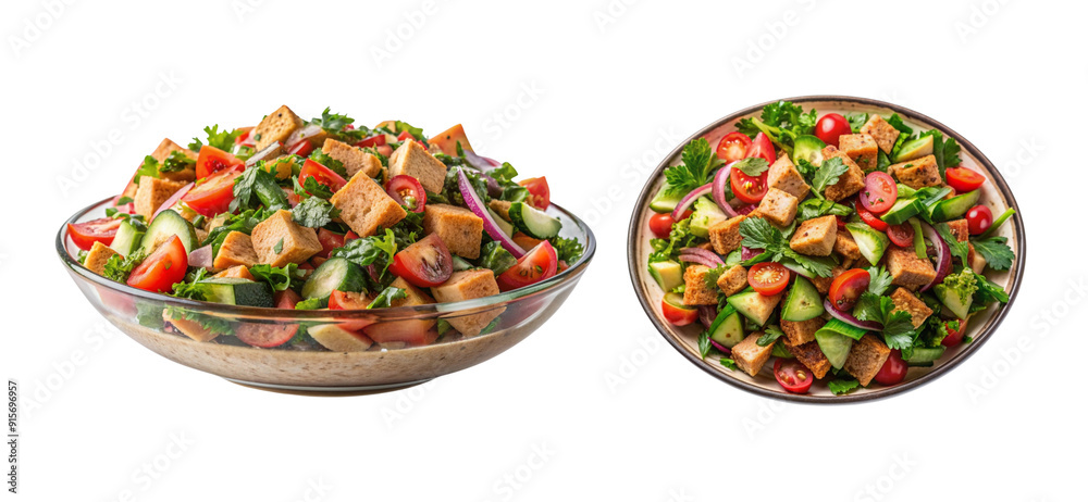 Fattoush bundle, a Middle Eastern bread salad with sumac, top view, isolated on a transparent background Fattoush bundle, a Middle Eastern bread salad with sumac, top view, isolated on a transparent background