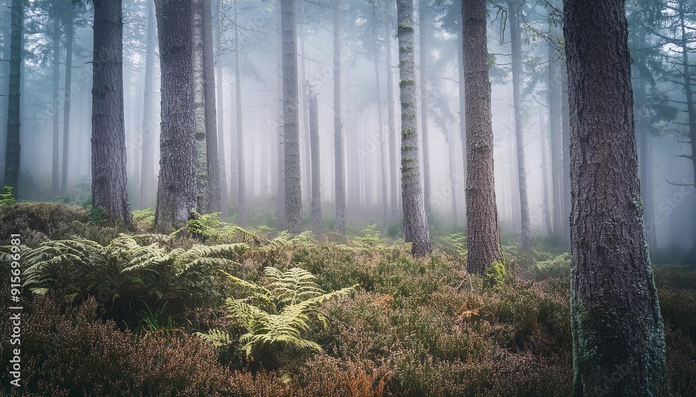 A dense, misty forest filled with towering pine trees, where soft, ethereal light filters through the fog, creating a serene and mystical atmosphere. A dense, misty forest filled with towering pine trees, where soft, ethereal light filters through the fog, creating a serene and mystical atmosphere.