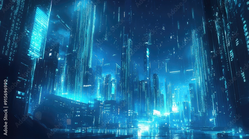 Futuristic urban landscape with neon blue lighting and cascading binary code. Represents cutting-edge technology and digital advancements. Futuristic urban landscape with neon blue lighting and cascading binary code. Represents cutting-edge technology and digital advancements.