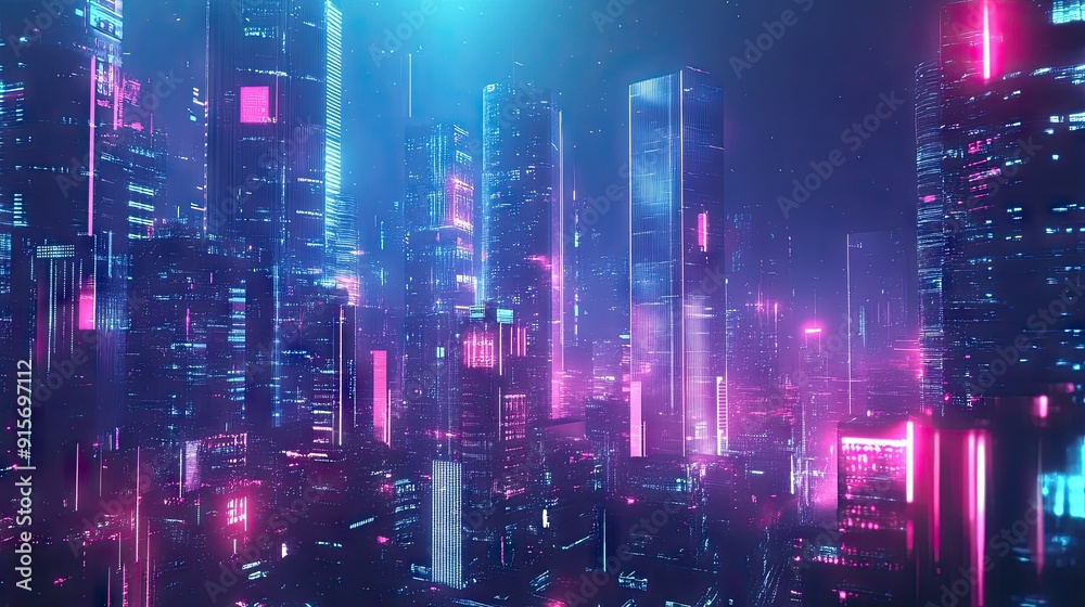 Futuristic urban skyline with glowing neon buildings and digital advertisements. Digital illustration. Futuristic urban skyline with glowing neon buildings and digital advertisements. Digital illustration.