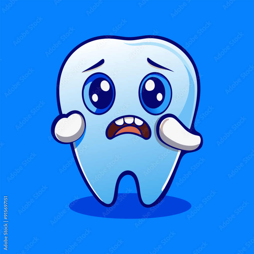 Cute cartoon tooth crying from pain. Minimalistic vector character in blue colors for dentistry logos Cute cartoon tooth crying from pain. Minimalistic vector character in blue colors for dentistry logos