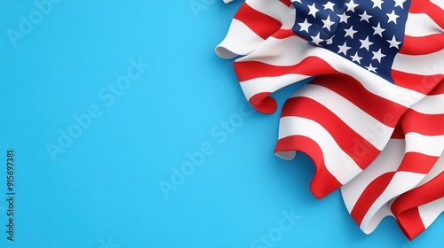 High-quality illustration of a 4th of July banner with hand-drawn text and a flowing American flag on a blue background, perfect for holiday celebrations