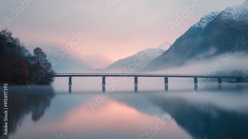 Autumn Colors Reflected on Serene Lake With Bridge in Foggy Mountains