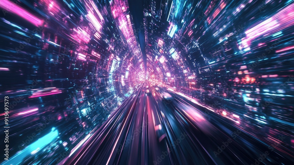 High-speed vehicles navigating a cyberpunk city with bright neon lights. Digital illustration of a dynamic and futuristic cityscape. High-speed vehicles navigating a cyberpunk city with bright neon lights. Digital illustration of a dynamic and futuristic cityscape.