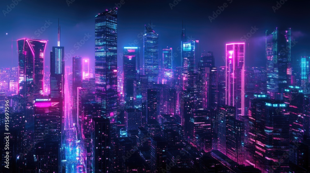 High-tech city at night with bright neon lights and sleek buildings. Dark cyberpunk cityscape with a panoramic view of modern architecture. High-tech city at night with bright neon lights and sleek buildings. Dark cyberpunk cityscape with a panoramic view of modern architecture.