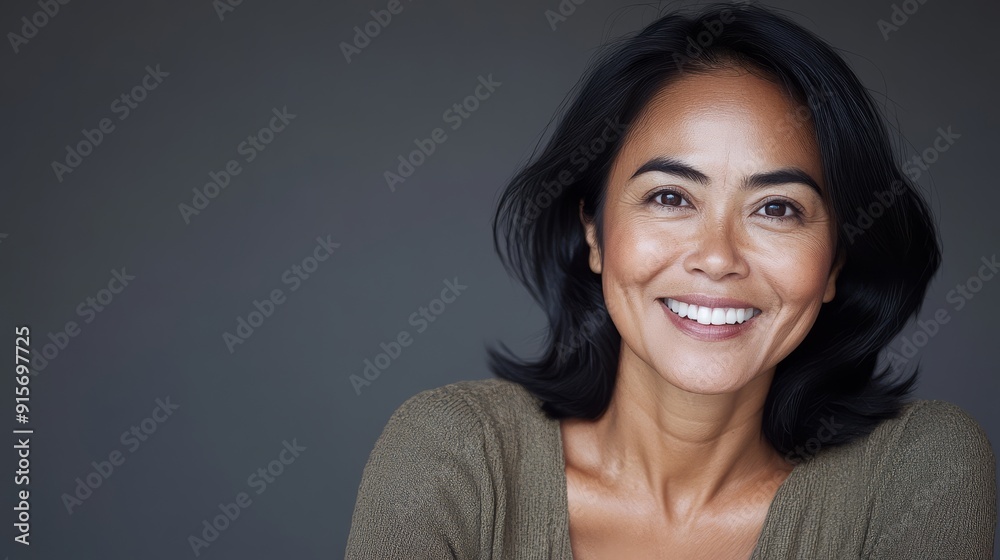 Fototapeta premium A mid-aged Indonesian woman beams with joy and confidence