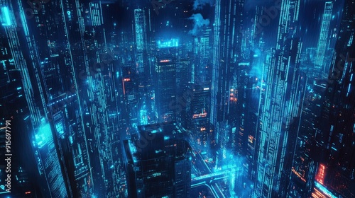 High-tech cityscape featuring neon blue lighting and cascading binary code. Represents cutting-edge technology and data transmission.