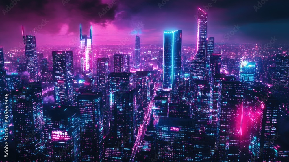 High-tech night city with vibrant neon lights and modern skyscrapers. Dark, cyberpunk-themed backdrop with a panoramic cityscape. High-tech night city with vibrant neon lights and modern skyscrapers. Dark, cyberpunk-themed backdrop with a panoramic cityscape.