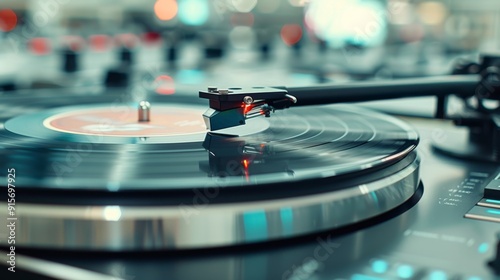 Vinyl Record Playing on Turntable in a Retro Music Studio