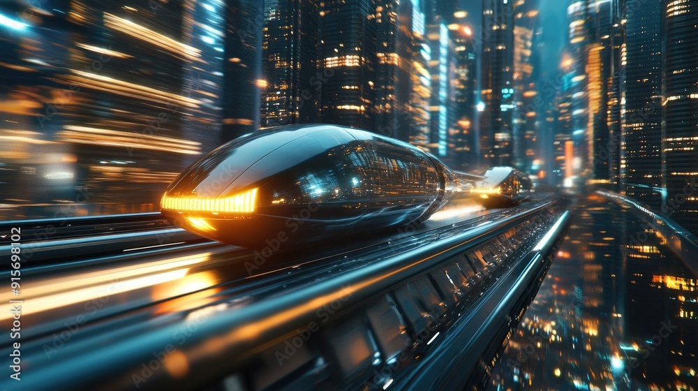 Hyperloop in warp speed with a dynamic blur of city lights in the background. 3D illustration highlighting futuristic technology in a mega city. Hyperloop in warp speed with a dynamic blur of city lights in the background. 3D illustration highlighting futuristic technology in a mega city.