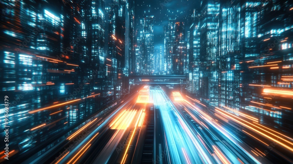 Hyperloop moving at warp speed through a glowing mega city. Nighttime scene with blurred lights from skyscrapers highlighting advanced tech. - Hyperloop moving at warp speed through a glowing mega city. Nighttime scene with blurred lights from skyscrapers highlighting advanced tech. -