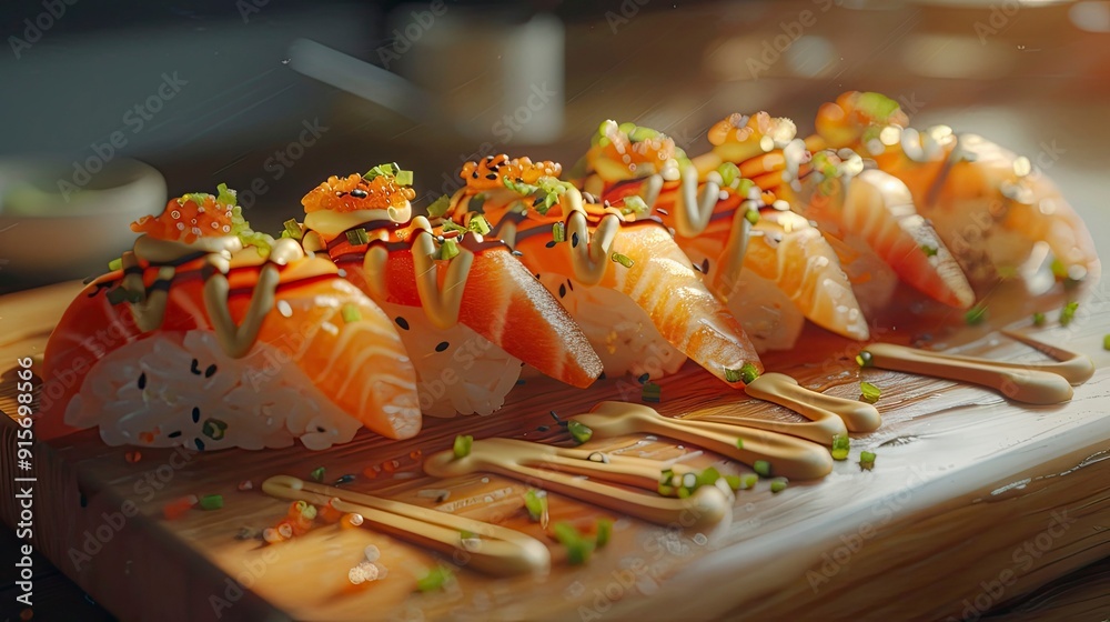 Delicate, hand-rolled sushi nigiri, each piece topped with the freshest, most vibrant seafood, arranged on a wooden sushi board with a drizzle of spicy mayo and a sprinkle of toasted sesame seeds. Delicate, hand-rolled sushi nigiri, each piece topped with the freshest, most vibrant seafood, arranged on a wooden sushi board with a drizzle of spicy mayo and a sprinkle of toasted sesame seeds.