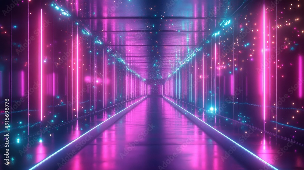 Infinite reflective corridor with glowing lights, creating a captivating visual effect. Infinite reflective corridor with glowing lights, creating a captivating visual effect.
