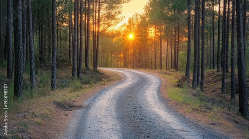 Gravel road in pine forest, rustic and rural charm