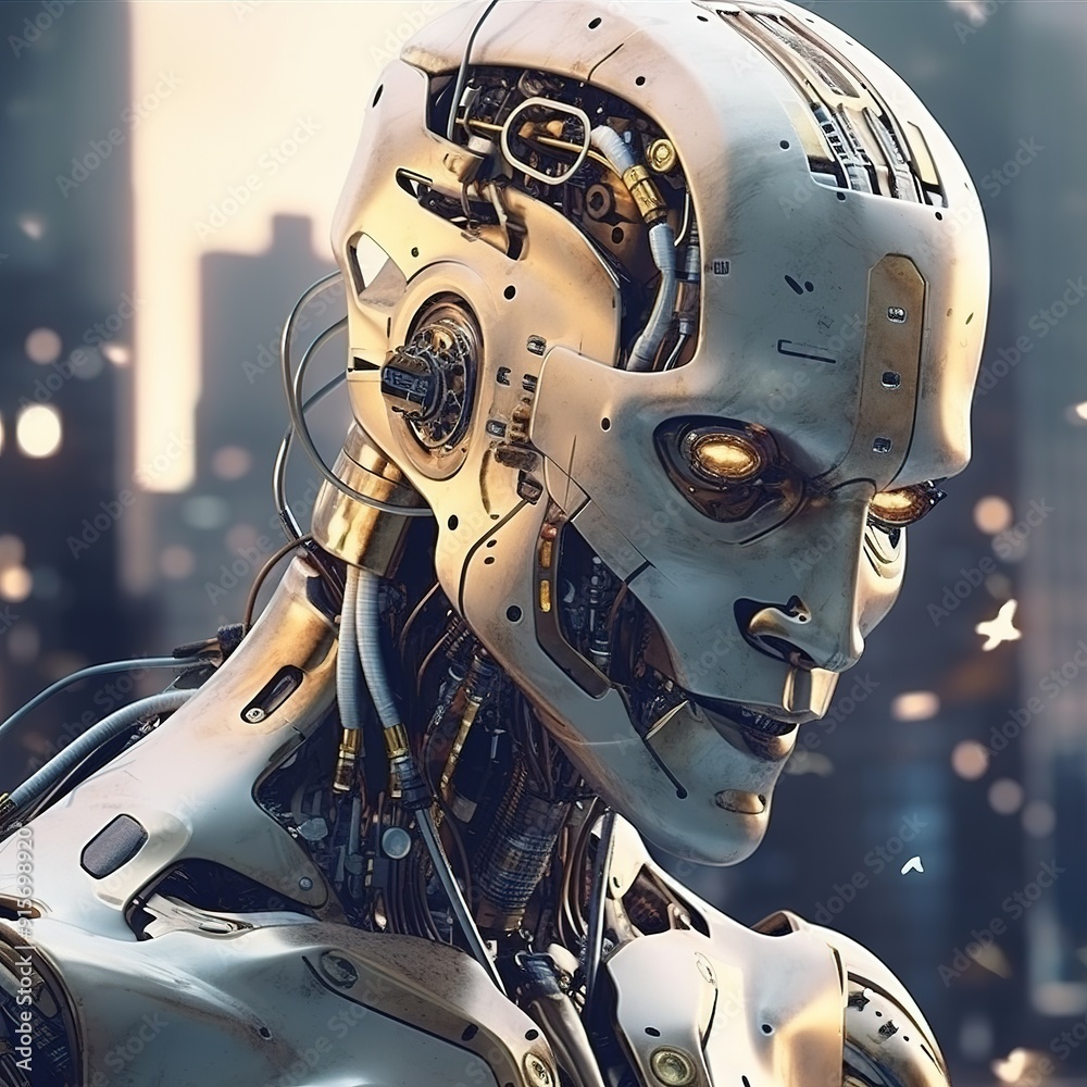 Close-up of a metallic android's head with visible inner workings. Close-up of a metallic android's head with visible inner workings.