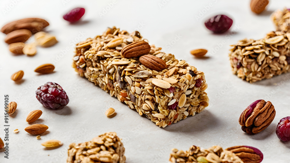 Healthy granola bar isolated on white background. A crunchy granola bar studded with almonds, dried cranberries, peanuts, and rolled oats, a delicious and nutritious on-the-go snack, Ai generative Healthy granola bar isolated on white background. A crunchy granola bar studded with almonds, dried cranberries, peanuts, and rolled oats, a delicious and nutritious on-the-go snack, Ai generative