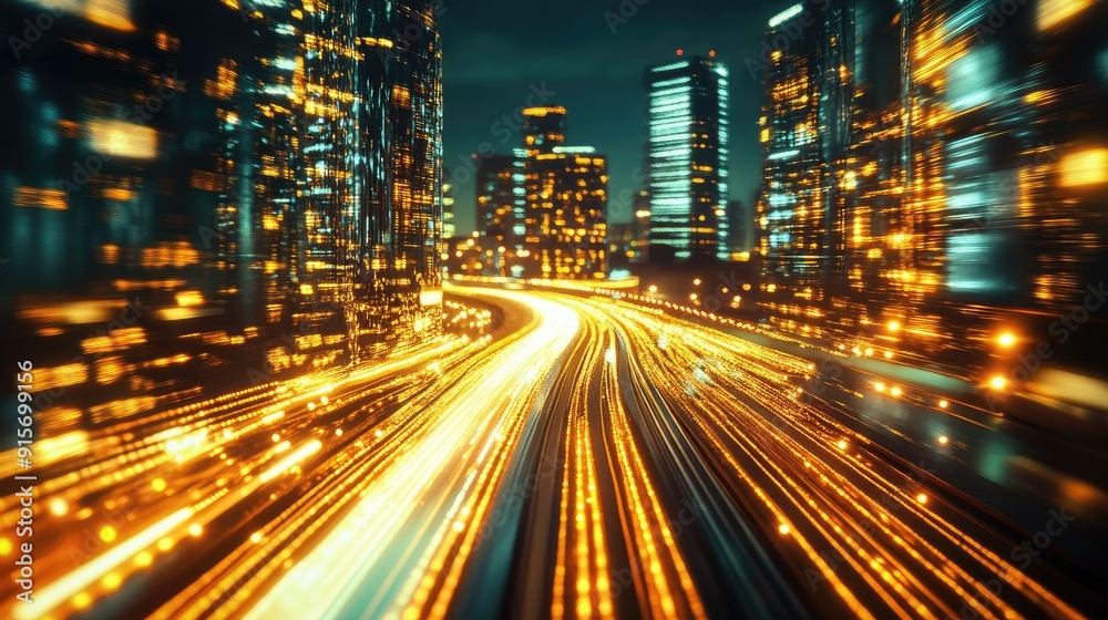 Mega city illuminated at night with a hyperloop moving at warp speed. 3D render showing blurred building lights and advanced technology. Mega city illuminated at night with a hyperloop moving at warp speed. 3D render showing blurred building lights and advanced technology.