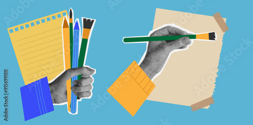 Halftone hand paining brush on piece paper note. Hand holds pen. Education concepts.