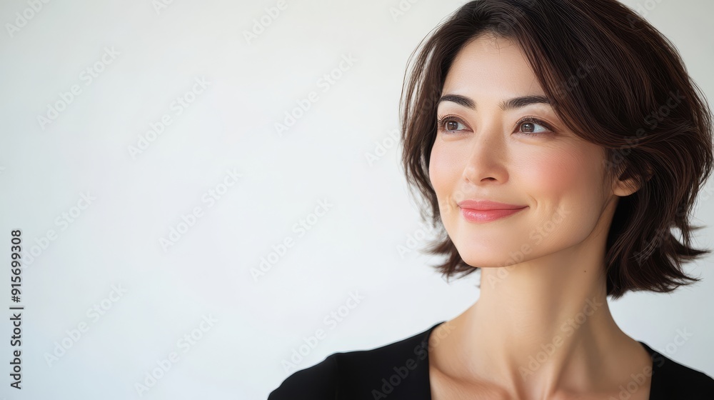 A graceful Japanese woman smiles softly, embodying poise and tranquility A graceful Japanese woman smiles softly, embodying poise and tranquility