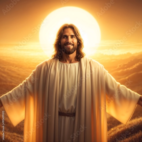 Jesus Christ in white robe with golden sunrise in background. photo