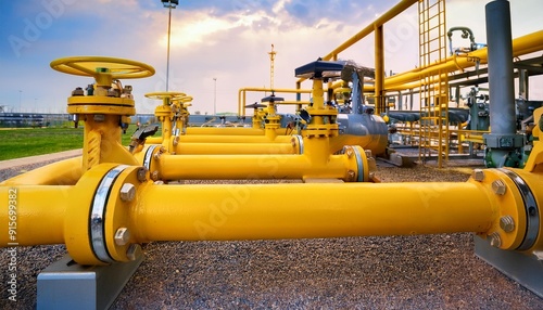 Yellow pipes and valves in gas plant. Gas plant concept with control system 