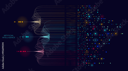 Illustration of abstract stream information with cyan line and dot. Big data, technology, AI, data transfer, data flow, large language model, generative ai