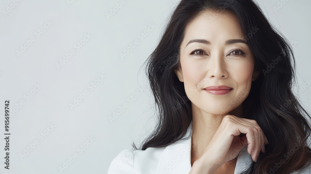 The model exudes confidence while gently resting her chin on her hand The model exudes confidence while gently resting her chin on her hand