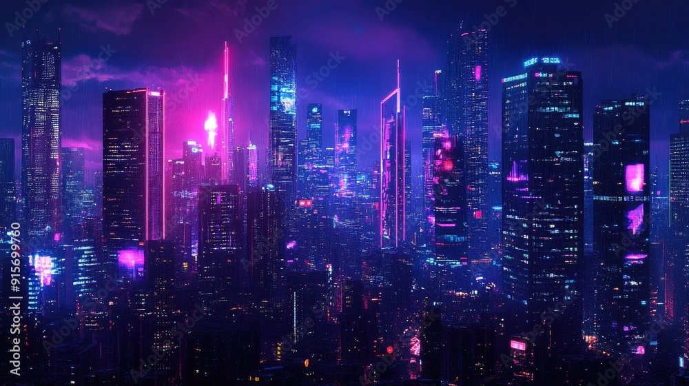 Modern city skyline at night featuring glowing neon lights and sleek buildings. Dark background with a futuristic, cyberpunk-inspired panorama. Modern city skyline at night featuring glowing neon lights and sleek buildings. Dark background with a futuristic, cyberpunk-inspired panorama.