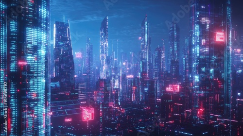 Modern city with glowing data streams and digital buildings illustrating cyber security technology.