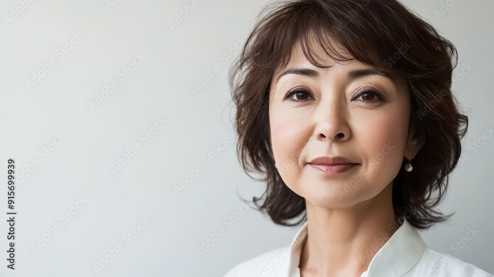 A mid-age Japanese female model radiates confidence and sophistication A mid-age Japanese female model radiates confidence and sophistication