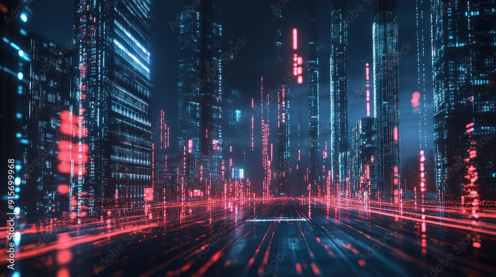 Modern digital city with data streams and skyscrapers illustrating cyber security technology Modern digital city with data streams and skyscrapers illustrating cyber security technology