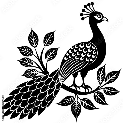 Wallpaper Mural cute peacock on a branch vector silhouette on white background Torontodigital.ca