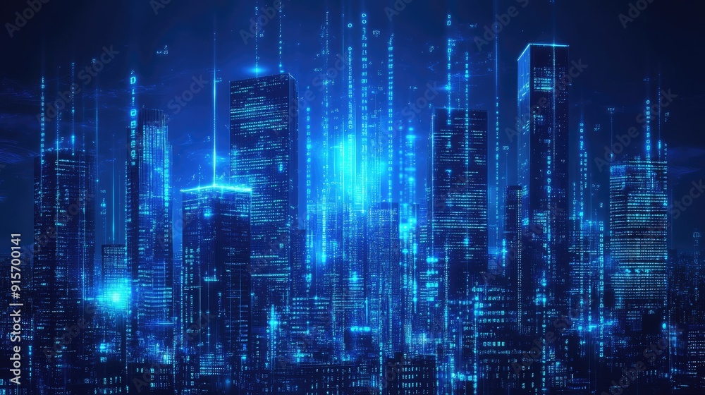 Neon blue city skyline with cascading binary code. High-tech concept of data flow and digital innovation in an urban setting. Neon blue city skyline with cascading binary code. High-tech concept of data flow and digital innovation in an urban setting.