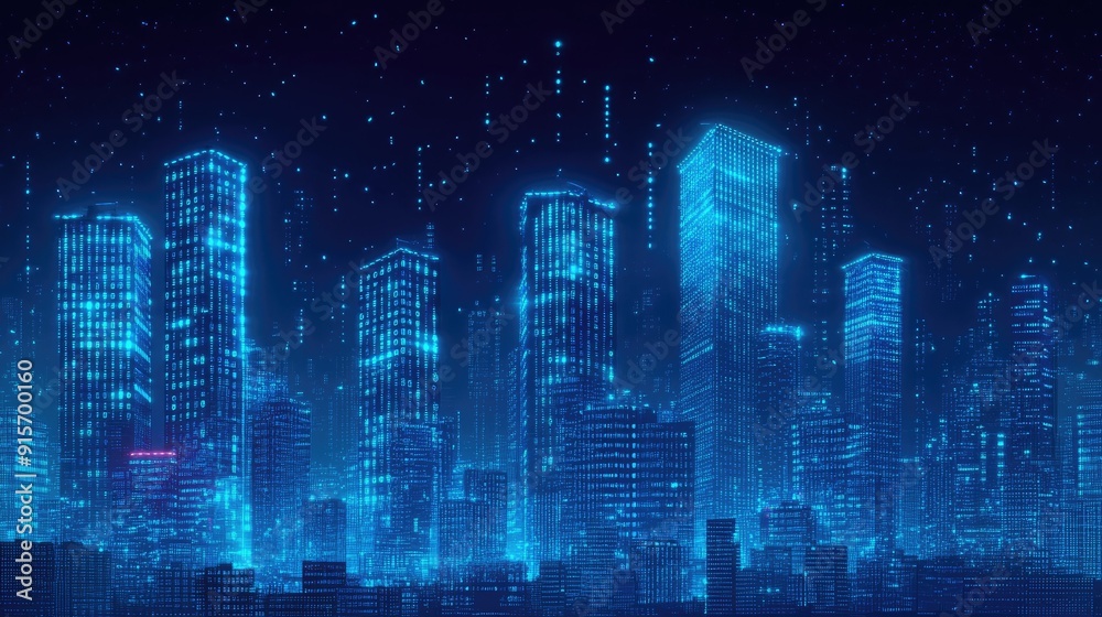 Neon blue city skyline with cascading binary code. High-tech concept of data flow and digital innovation in an urban setting.