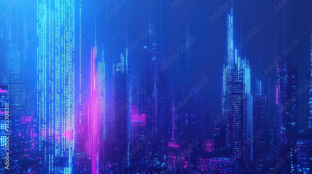 Neon blue cityscape with digital binary code flowing through the buildings. Illustration of high-tech innovation and data flow.