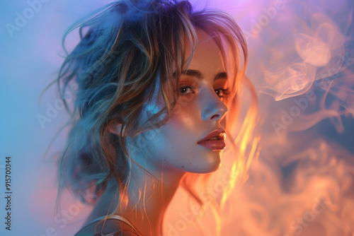 Dramatic portrait of woman in neon lights and smoke