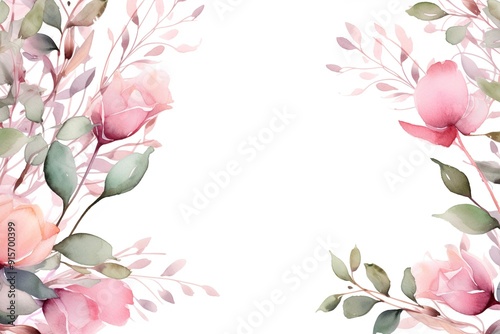 Watercolor floral frame with pink roses and green leaves.