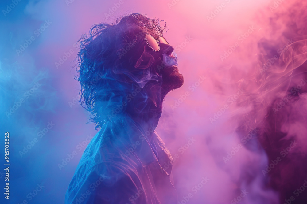 Man in sunglasses surrounded by colorful smoke in neon lights Man in sunglasses surrounded by colorful smoke in neon lights