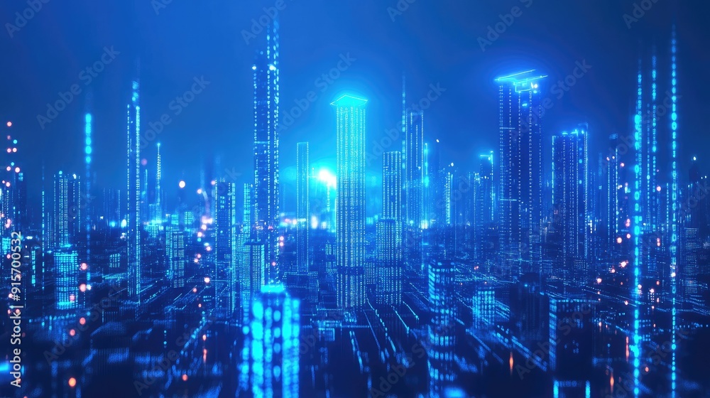 Neon blue illuminated cityscape with digital binary code streams. High-tech design showcasing data flow and digital innovation. Neon blue illuminated cityscape with digital binary code streams. High-tech design showcasing data flow and digital innovation.