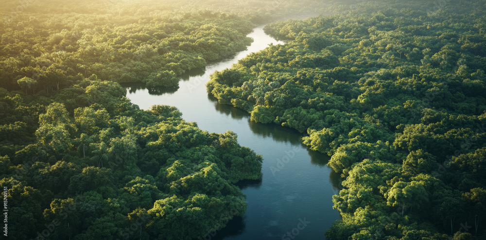 Aerial view of river in dense forest landscape, Amazon rainforest, jungle nature background concept Aerial view of river in dense forest landscape, Amazon rainforest, jungle nature background concept