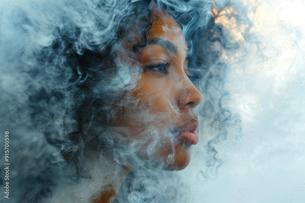 Closeup of woman with freckles surrounded by smoke Closeup of woman with freckles surrounded by smoke
