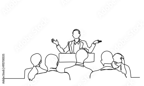 One continuous line drawing of the Audience in the conference hall. The public speaker talks and gives instructions in the conference hall. The public speaker in lectures, in front of the audience.