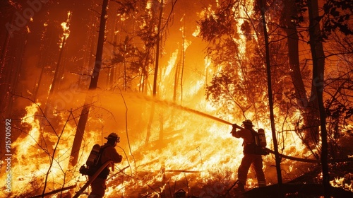 Firefighters spraying water on massive forest wildfire.