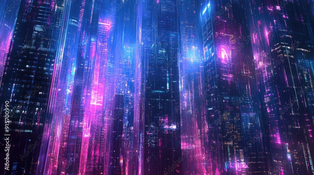 Fototapeta premium Neon lights and digital architecture in a futuristic city skyline. Panoramic digital illustration.