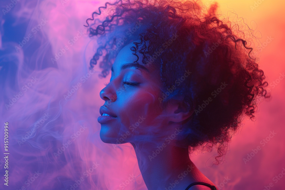 Woman in silhouette with colorful background and fog Woman in silhouette with colorful background and fog