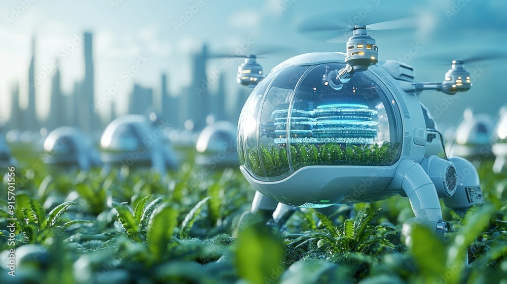A futuristic farm using bio-based fertilizers, advanced irrigation, and drone technology.