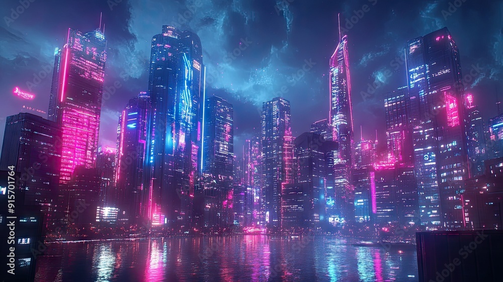 Fototapeta premium Neon-lit futuristic city skyline showcasing advanced digital architecture and vibrant lights. Digital art.